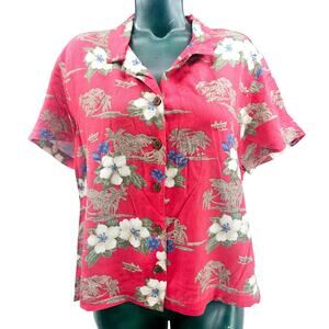 Havana Traders Red Hibiscus Floral Hawaiian Aloha Shirt Women's 10 3336
